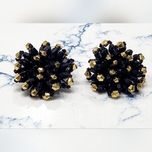 Vintage Clip-On Earrings with Black and Gold Beads